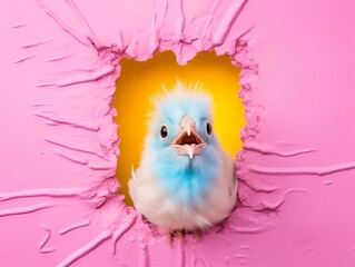 A little yellow Easter chick peeking out of a hole in the wall pink and light blue wall of vibrant pastel colors, pink neon lightning