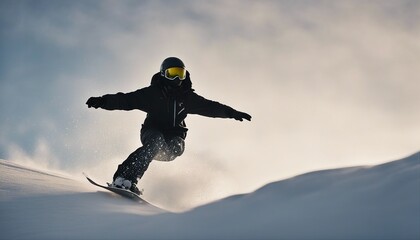 silhouette of snowboarder doing acrobatic stunts in the air, warm tones, foggy weather, heavy snowfall
