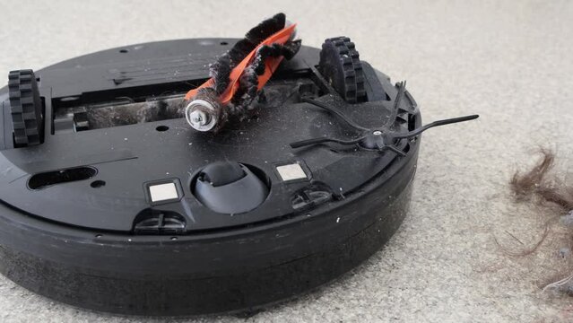 Pile of hair and dirt next to open automatic vacuum cleaner