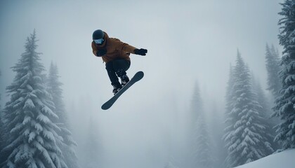 Naklejka na ściany i meble silhouette of snowboarder flying through snow in dense fog, sun in background