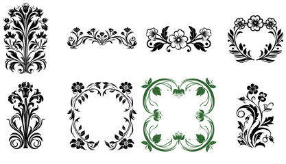 vector set of floral frames with flowers and leaves in black and white