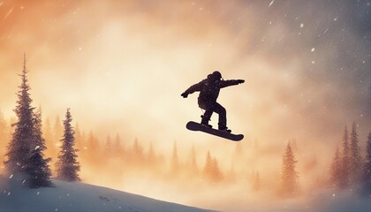silhouette of snowboarder doing acrobatic stunts in the air, warm tones, foggy weather, heavy snowfall

