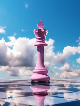 Photography of the chess queen figure on the pink glass chessboard