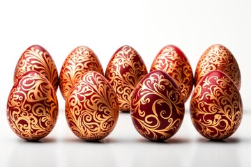 Red painted Easter eggs with gold ornaments on a white background. Easter background.