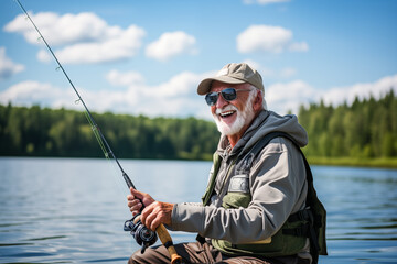 Smiling Senior Man with a Fishing Rod catching fish on the lake