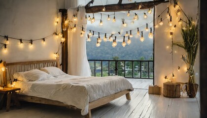 String Lights Hanged on Bed Frame