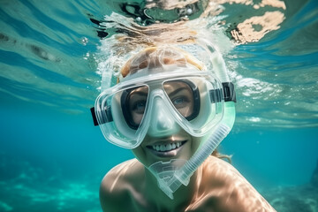 Naklejka premium Beautiful Woman Diving with Snorkel and Mask - Travel Concept