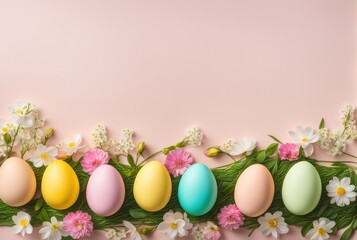 Fototapeta na wymiar Easter Egg Border with Fresh Spring Blooms