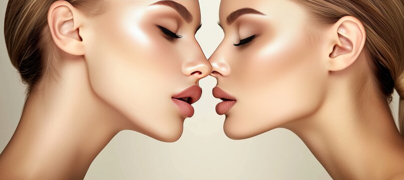 Gorgeous young women models kissing each other passionately in a face to face pose