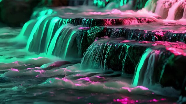 Cascading neon waves cascading down in a waterfall of neon pink and green.