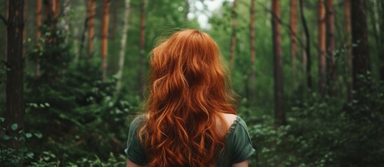 A woman with red hair admires the forest, her hair long and well-maintained, as she faces away from the camera. - Powered by Adobe