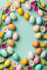 Fototapeta na wymiar Colorful Easter Eggs and Spring Flowers Frame