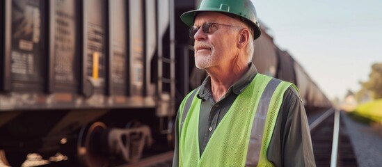 A railway engineer dressed in a green safety vest is outdoors by a freight train on a hot day.