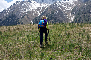 Rear view of a young boy hiking through the green field with the beautiful view to the snowy spring mountain peaks
