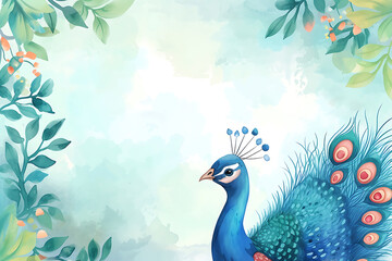 Cute cartoon peacock bird frame border on background in watercolor style.