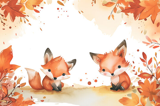 Cute cartoon fox frame border on background in watercolor style.
