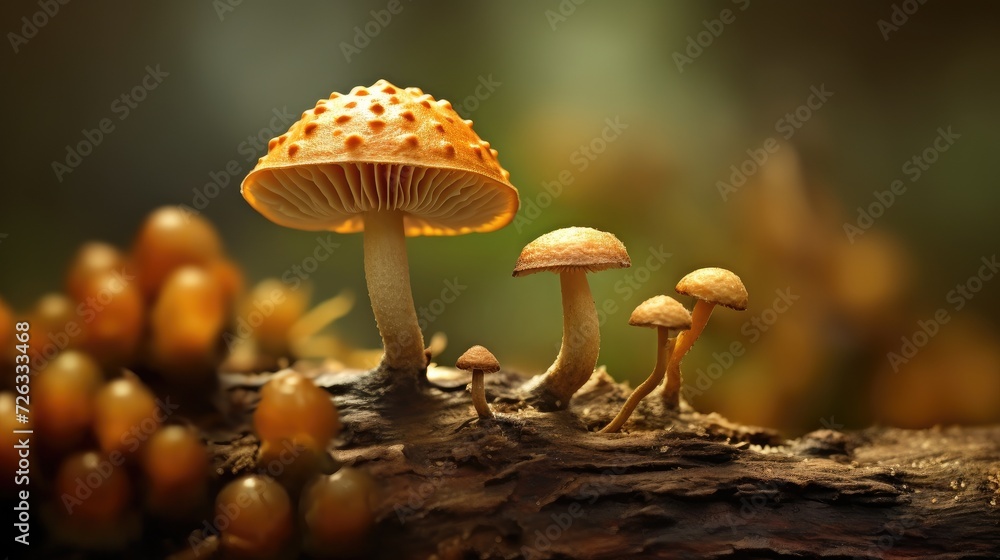 Poster there are several mushrooms growing on tree stump. the mushrooms vary in size and shape, with some b