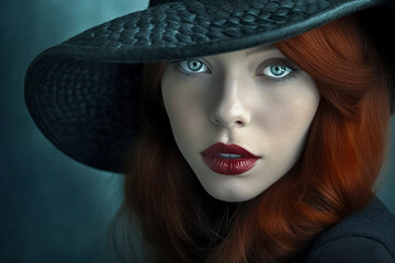 pretty woman with red hair and blue eyes and a black hat, ai generative
