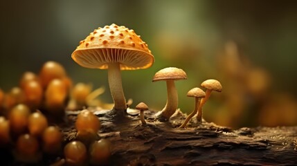 There are several mushrooms growing on tree stump. The mushrooms vary in size and shape, with some being larger than others. They appear to be clustered together.