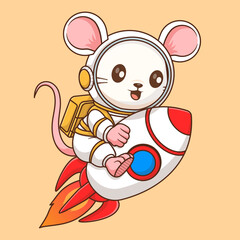 Cute mouse astronaut riding rocket in space cartoon vector icon illustration animal science isolated