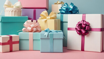 Obraz premium Gifts on Pink Background. A collection of gift boxes with ribbons surround on a pink background. The concept Valentine’s Day or birthday