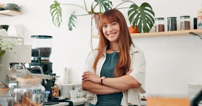 Woman, cafe business owner and arms crossed at counter for welcome, customer service and confidence in startup. Portrait or face of waitress, barista or cashier at a bakery, restaurant or coffee shop