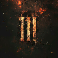 Gold metal roman numeral three on a dark background, 3 with stains and scratches, around sparks and flashes, three vertical stripes - obrazy, fototapety, plakaty
