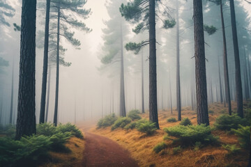 Naklejka premium Foggy pine forest in the morning, retro toned