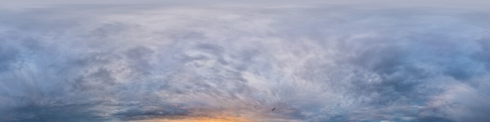 Obraz premium Dramatic overcast sky panorama with dark gloomy Cumulonimbus clouds. HDR 360 seamless spherical panorama. Sky dome in 3D, sky replacement for aerial drone panoramas. Climate and weather change.