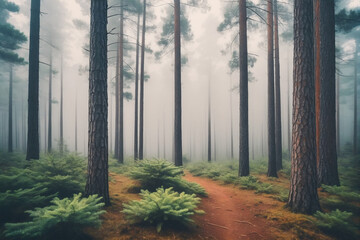 Foggy pine forest in the morning, retro toned