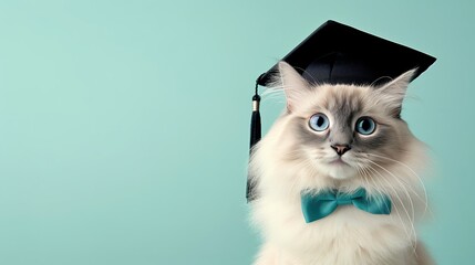 Adorable graduation cat wearing cap and gown on pastel background with copy space