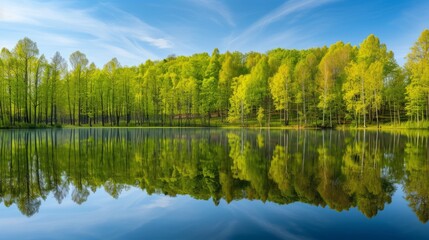 Spring forest in calm lake reflection