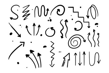 Doodle style hand drawing. Black and white arrows of different shapes, pointers. Isolated vector illustration.