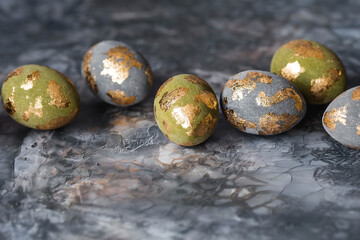 Stylish beautiful Easter eggs with golden potali coating on a gray background. The concept of happy Easter 2024.