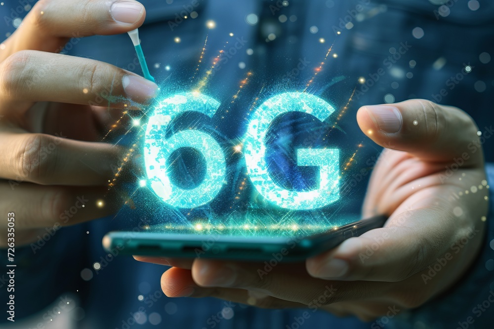 Poster interactive holographic shining 6g text icon floating over modern smartphone device in hands