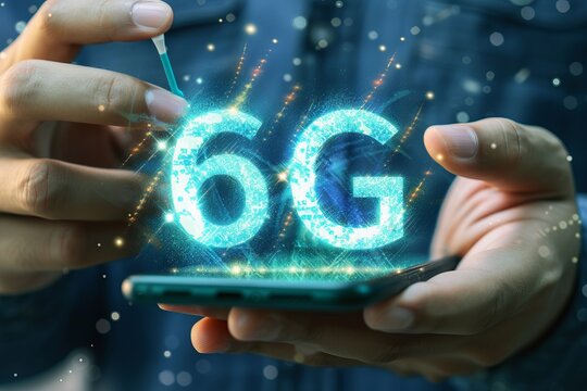 Interactive holographic shining 6g text icon floating over modern smartphone device in hands