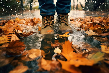 Füße mit Winterstiefeln, laufen durch eine Pfütze, Herbstblätter, Regenwetter, erstellt mit generativer KI - obrazy, fototapety, plakaty