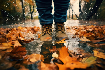 Füße mit Winterstiefeln, laufen durch eine Pfütze, Herbstblätter, Regenwetter, erstellt mit generativer KI - 726335256