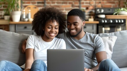 Happy multiracial couple bonding and laughing while watching laptop on cozy sofa at home