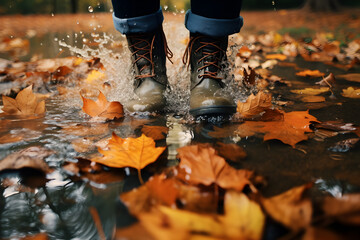 Füße mit Winterstiefeln, laufen durch eine Pfütze, Herbstblätter, Regenwetter, erstellt mit generativer KI - 726335292