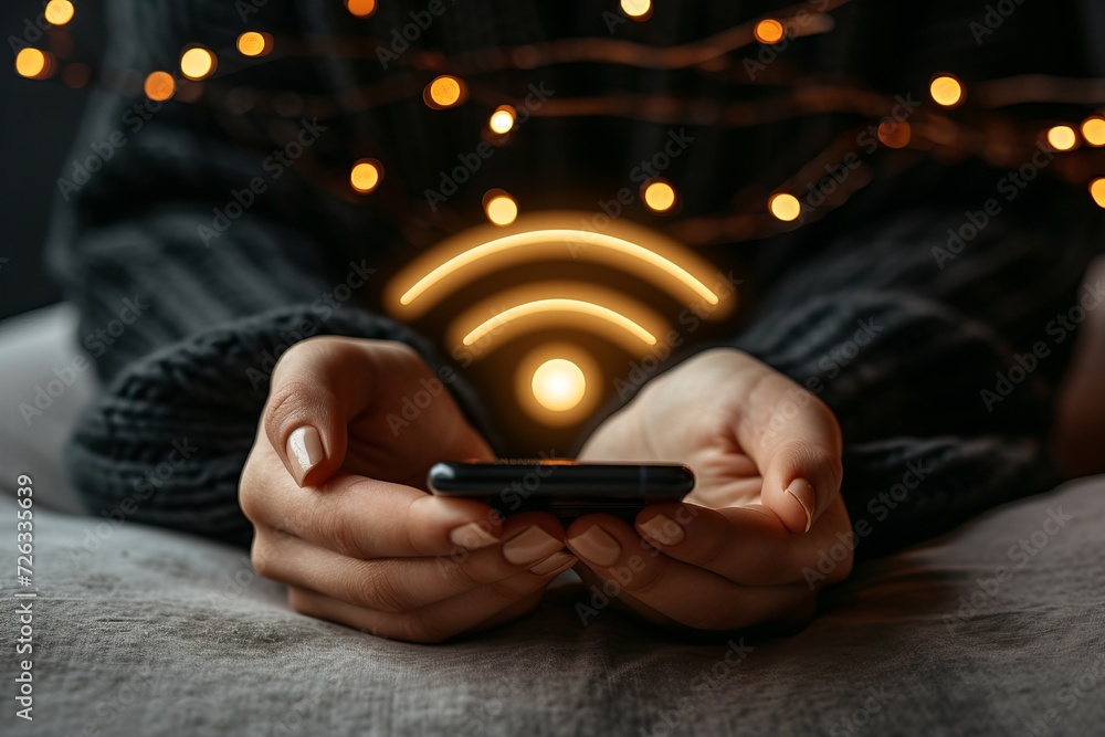 Poster shining holographic wifi icon as interactive display hovering over mobile phone held in hands