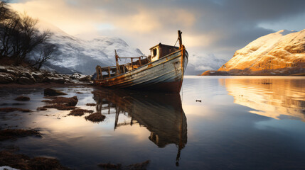 Shipwreck lying on shore