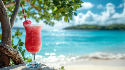 Tropical scene  bahama mama cocktail with blurred beach background and copy space for text