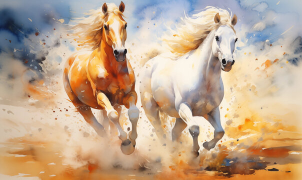 Watercolor painting of a white horse and a golden horse running together. Use for posters, postcards,
 brochures and wallpaper.