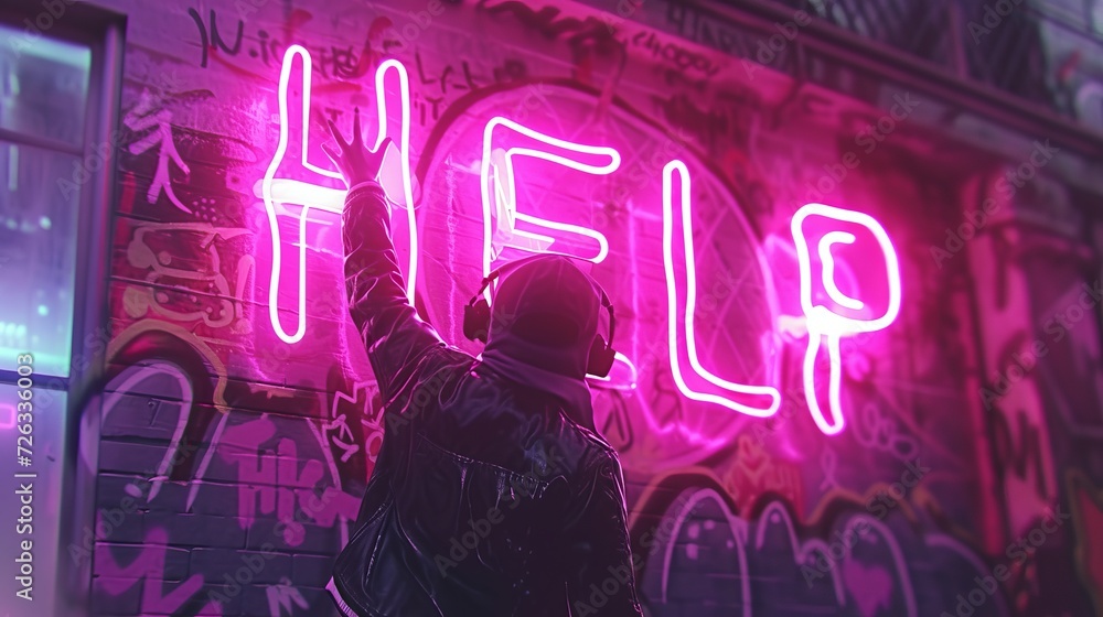 Poster futuristic holographic help text icon shining in the air, creating an engaging visual concept.