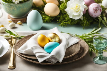 Colorful Easter Eggs in Pastel Bowl with Flowers
