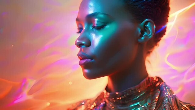 A hologram portrait featuring a holographic jacket with holographic fringe detailing inspired by the bohemian fashion movement and adding a touch of whimsy to the hologram.
