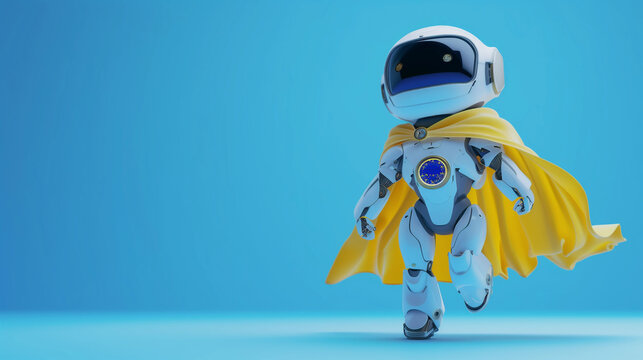 Bright Blue Background with Cheerful Robot Wearing Cape with EU Emblem/ Hero Robot in EU Colors /Representing the AI Act