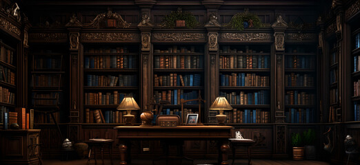  old library with many books, colorful woodcarvings, rich, painterly surfaces , old books,stand the test of time , Table Lamps,Office, lighting,frame,wooden floor - obrazy, fototapety, plakaty