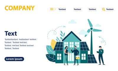 Green energy, environmentally friendly house. energy from solar panels and windmills, concept to save nature. web banner, mobile website, Landing Page Template